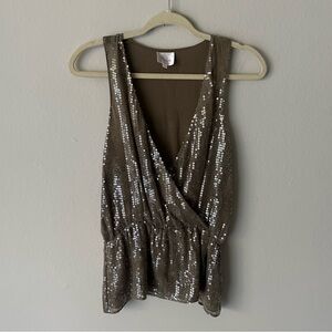 Parker 90s Boho Sequin Silk Vneck Tank Tan Small